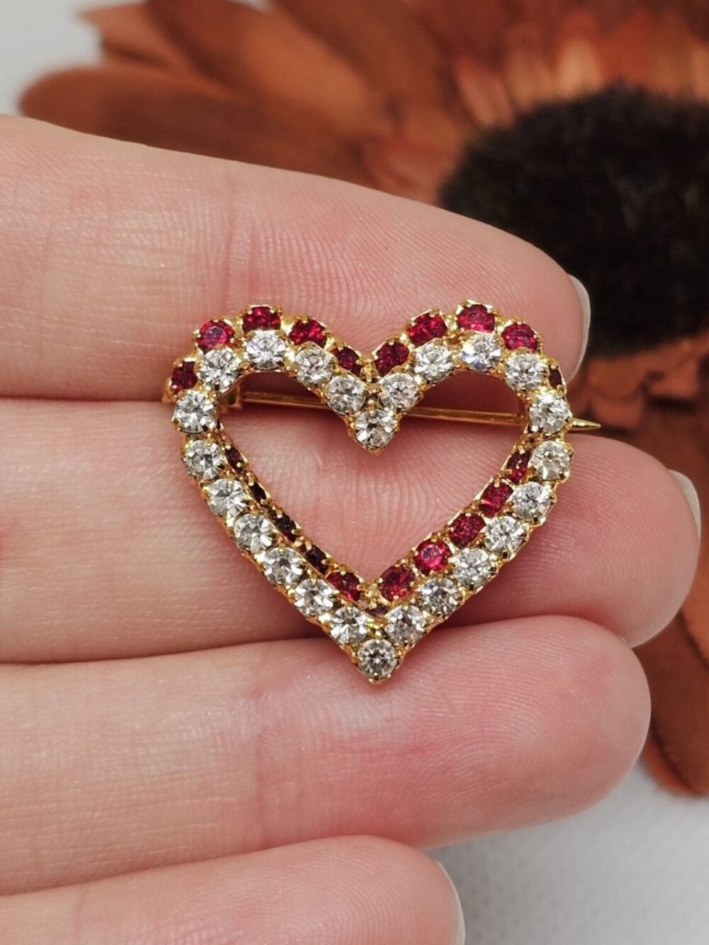 Vintage Gold Tone Rhinestone Double Heart Brooch 80s/90s Red White Pin Jewelry